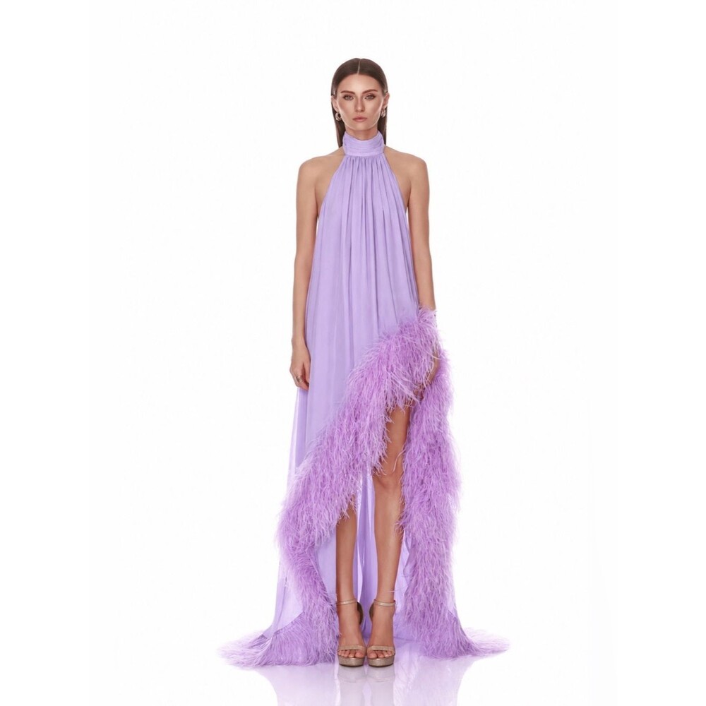 NWOT Bronx Banco Madeline Halterneck Dark Lilac Evening Gown w/ Feather Trim